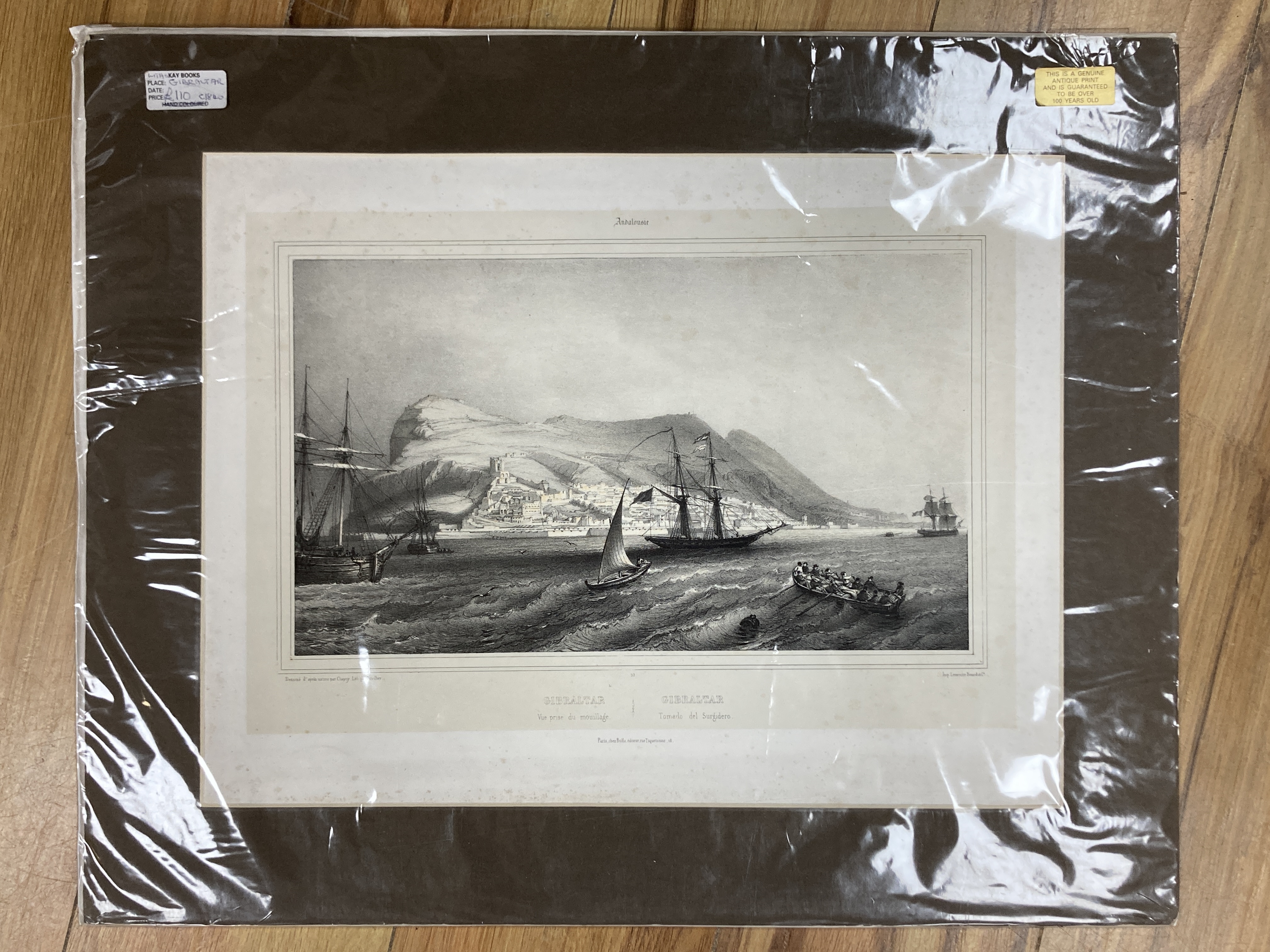 Couvillier after Chapuy, lithograph, View of Gibraltar, overall 33 x 43cm, unframed